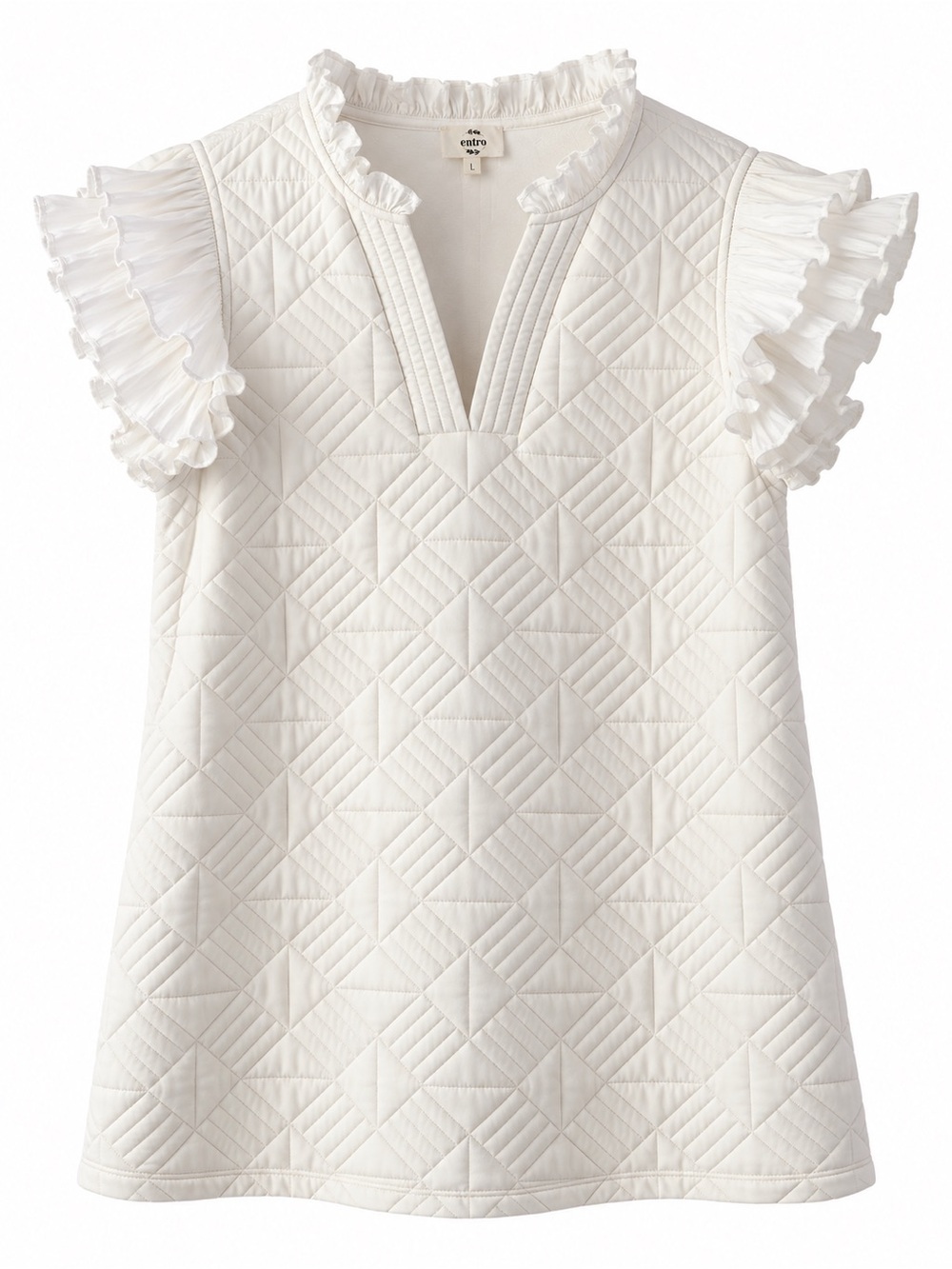 Entro White Quilted Flutter-Sleeve Mini Dress